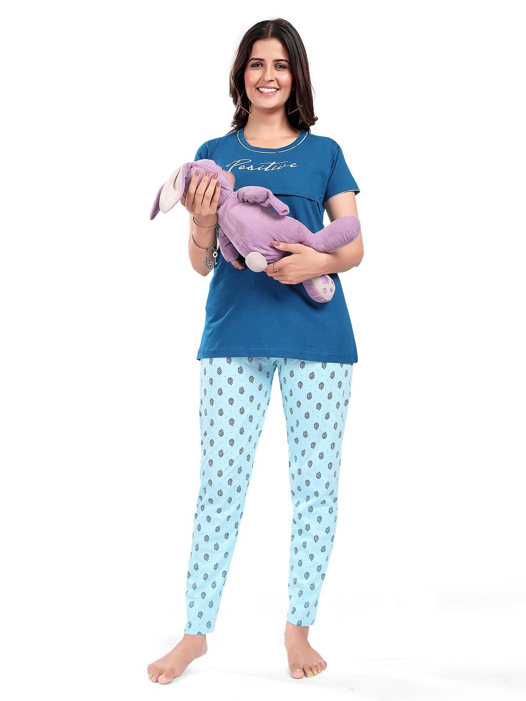 

SWEET MOON Typography Printed Round Neck Maternity T-Shirt With Pyjama, Blue