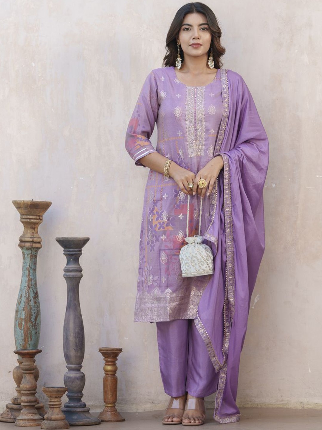 

Sangria Lavender Floral Embroidered Beads & Stones Straight Kurta With Trousers & Dupatta