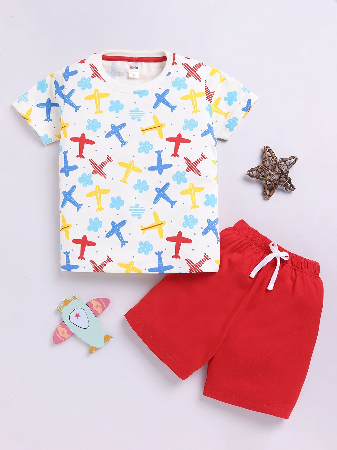 

LITTLE NINJA Boys Printed Round Neck Pure Cotton T-Shirt With Shorts, White