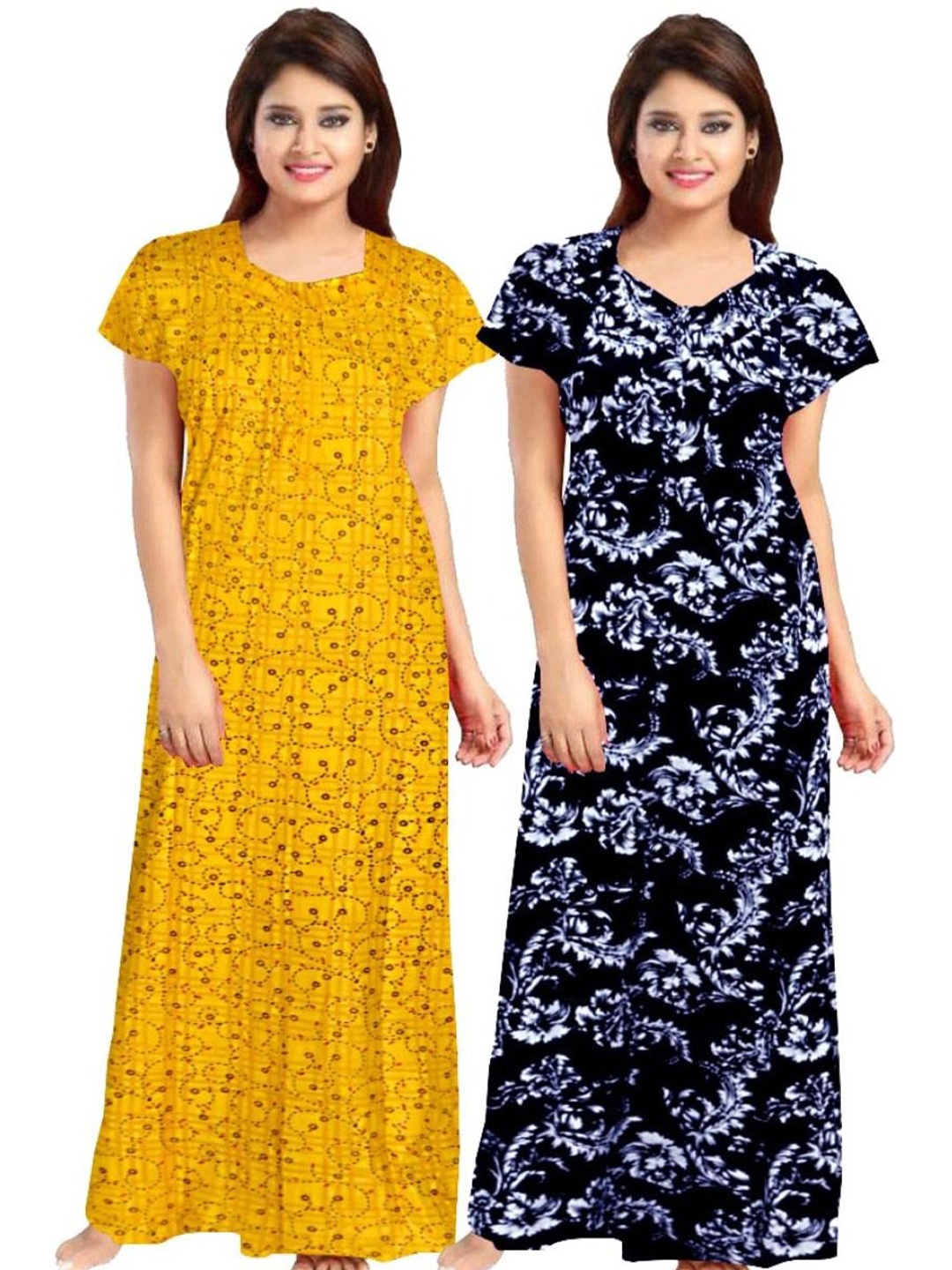 

PR PINK ROYAL Women Pack of 2 Pure Cotton Maxi Nightdress, Yellow