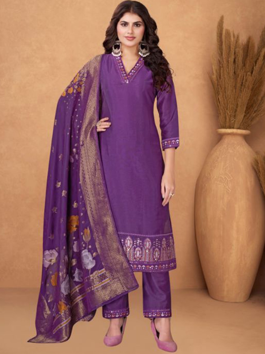 

PARROT CREATION Embroidered Sequinned V-Neck Pure Silk Kurta With Trousers And Dupatta, Purple