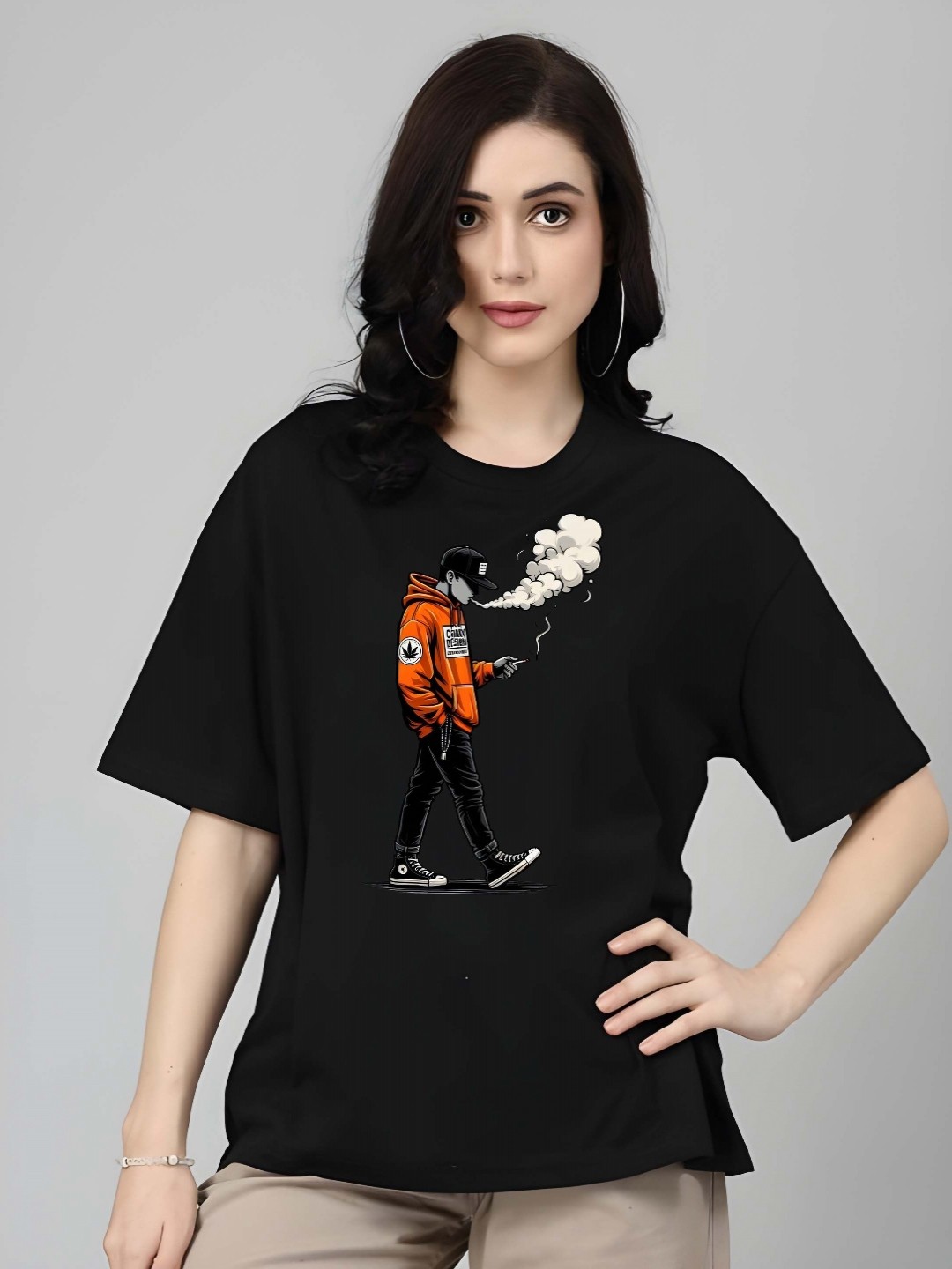 

SZN Women Graphic Printed Round Neck Cotton Oversized T-shirt, Black