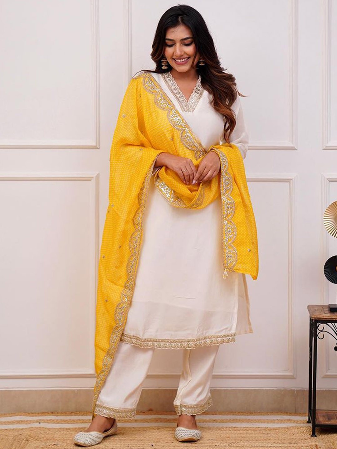

ZIBLON Women Ethnic Motifs Embroidered Regular Kurta with Trousers & With Dupatta, Yellow