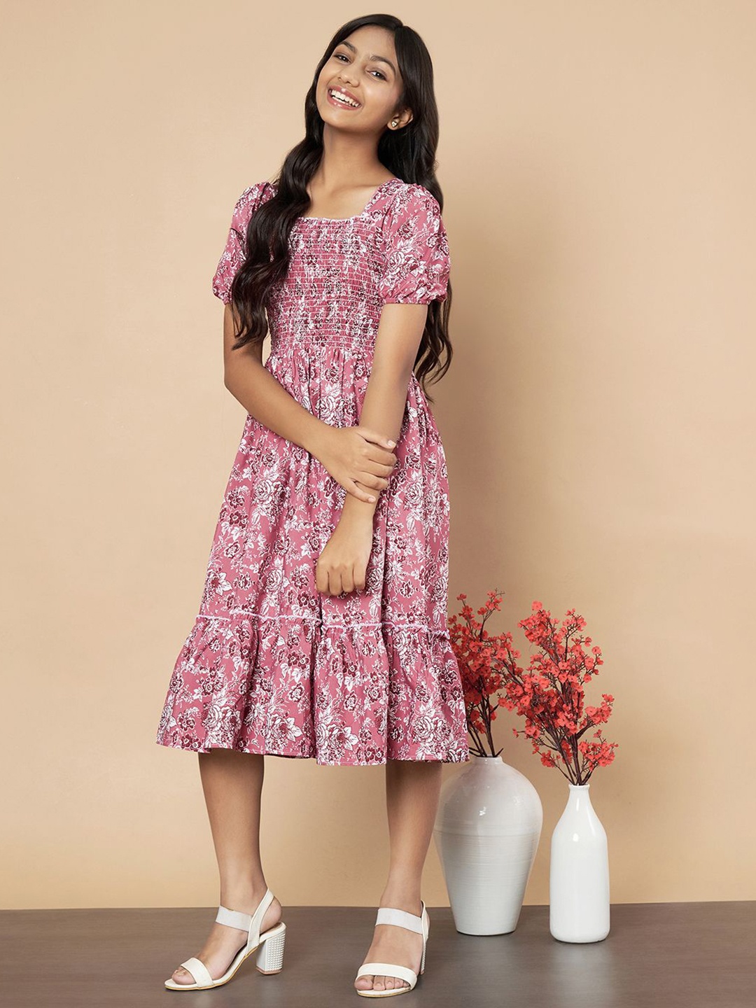 

ZWERLON Girls Floral Printed Fit and Flare Midi Dress, Pink
