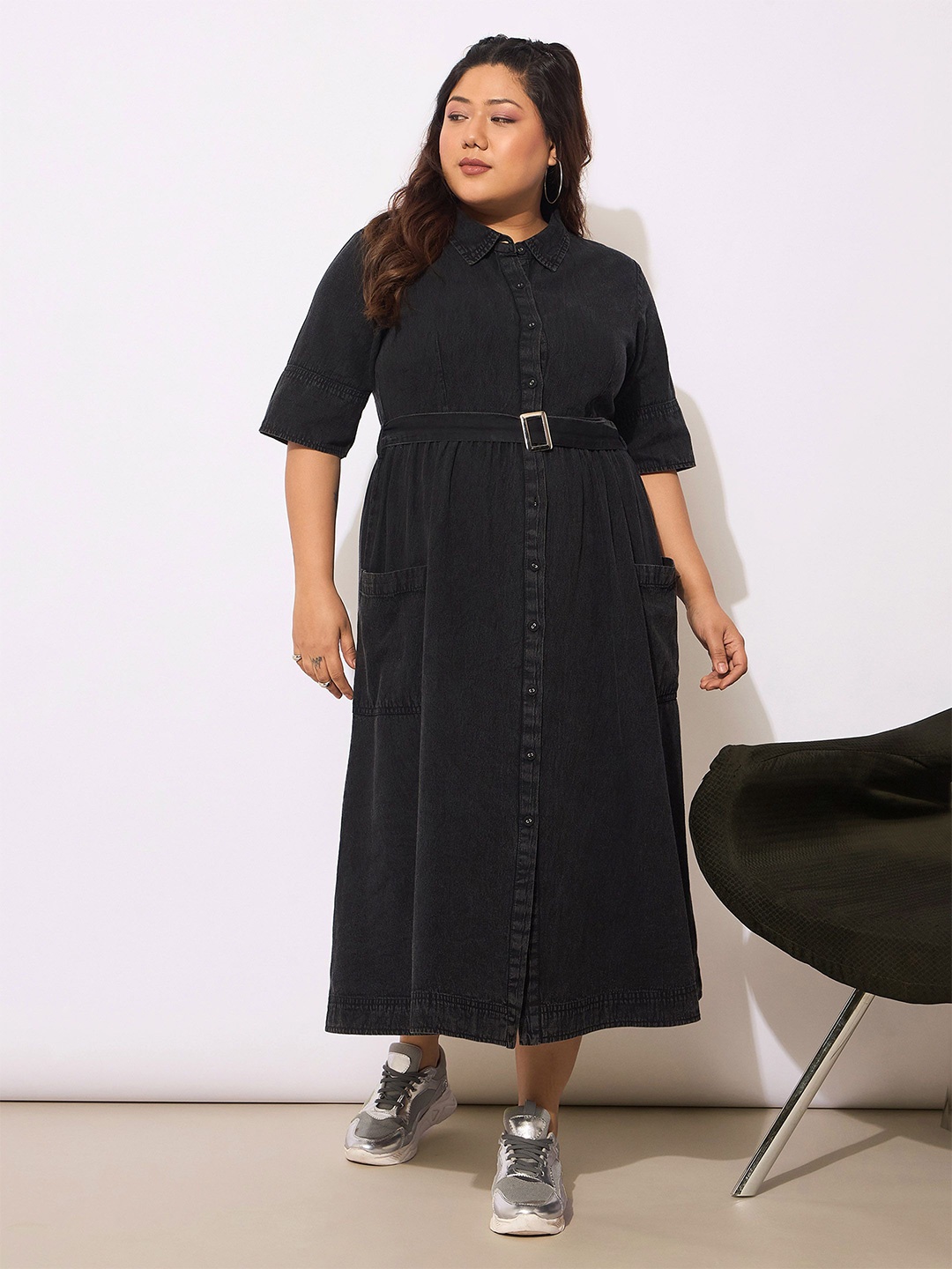 

SASSAFRAS Curve Women Shirt Collar Short Sleeves Shirt Midi Dress, Black