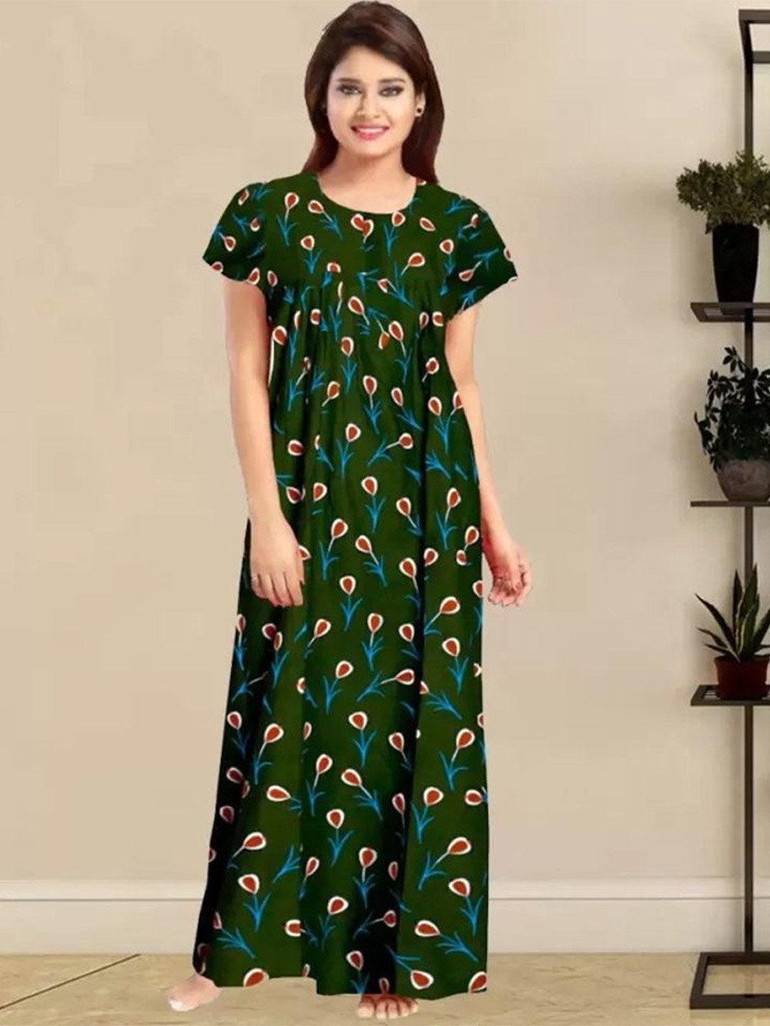 

PR PINK ROYAL Women Printed Pure Cotton Maxi Nightdress, Green