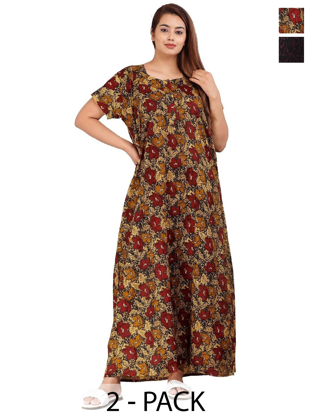 

PR PINK ROYAL Women Pack Of 2 Pure Cotton Printed Maxi Nightdress, Brown