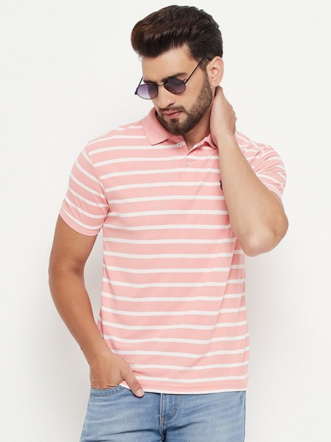 

RELANE Men Striped Polo Collar Cotton T-shirt, Pink