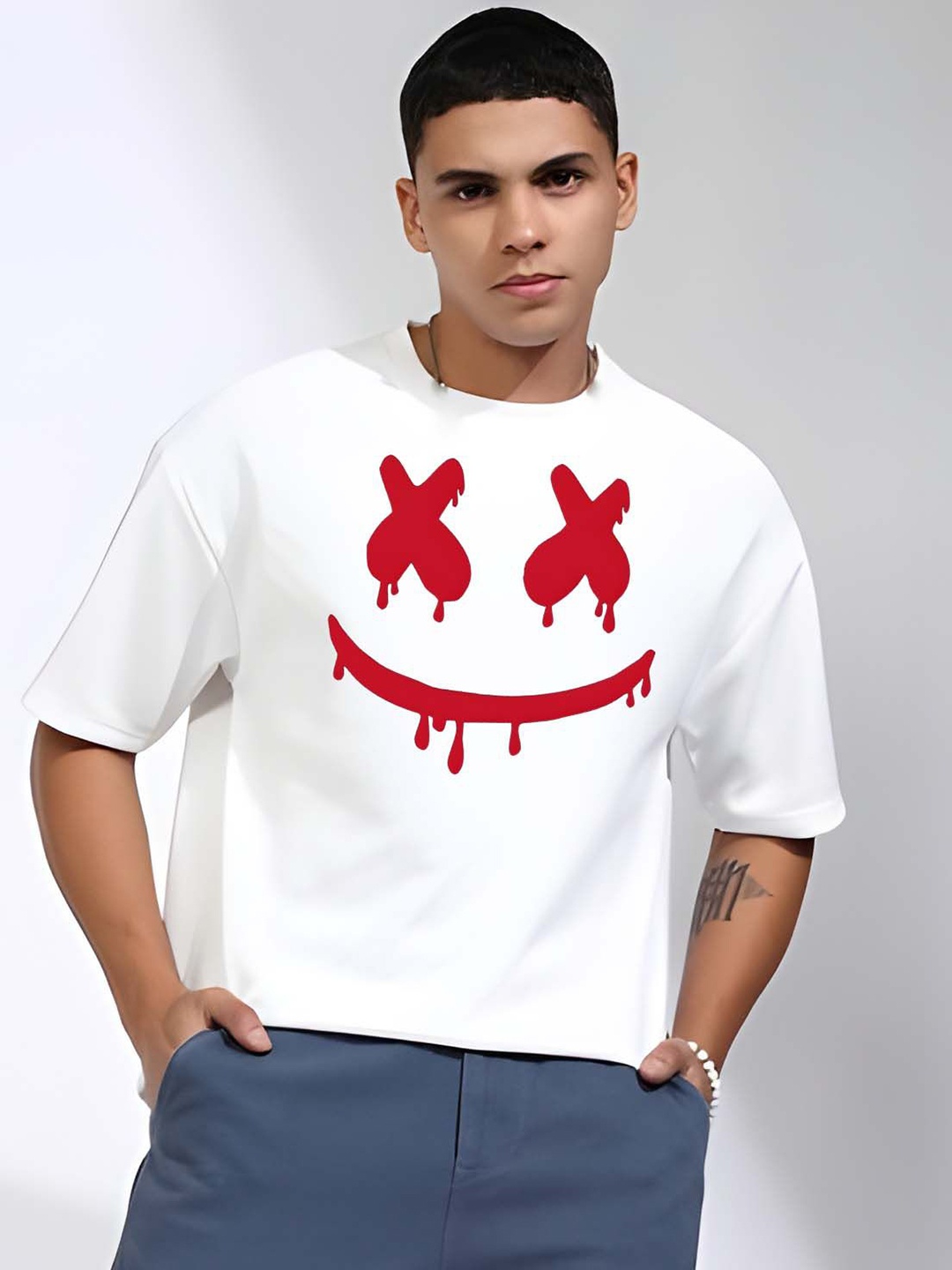 

SZN Men Graphic Printed Round Neck Cotton Oversized T-shirt, White