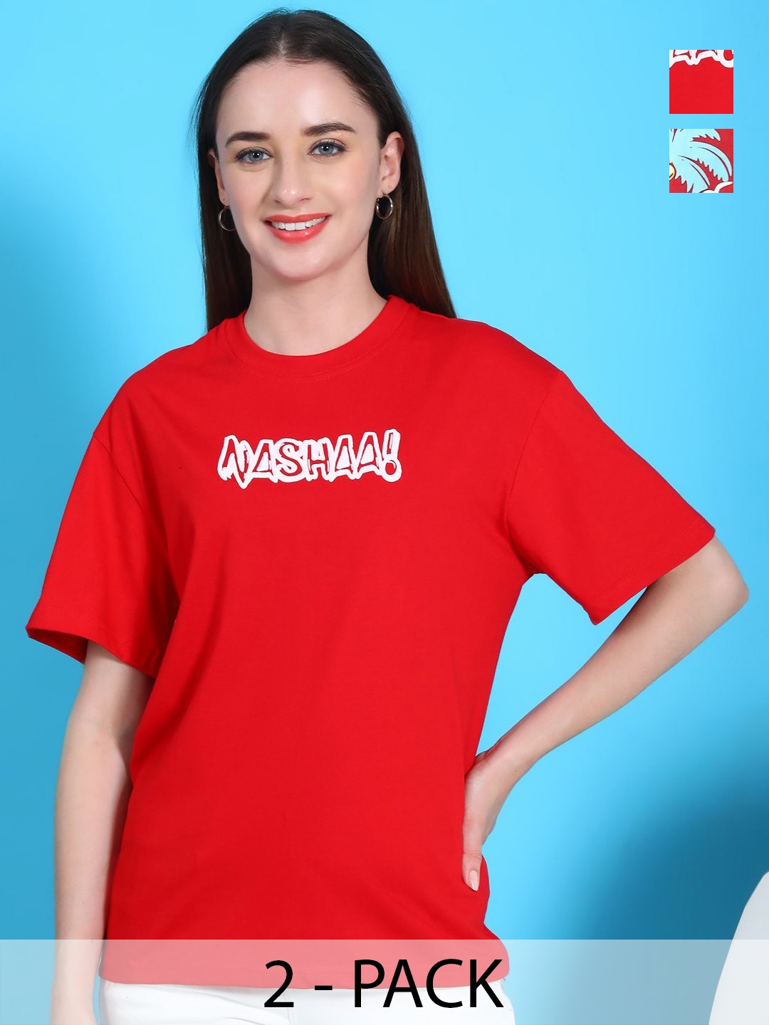 

Dreambe Women Pack Of 2 Graphic Printed Round Neck Cotton Oversized T-shirts, Red