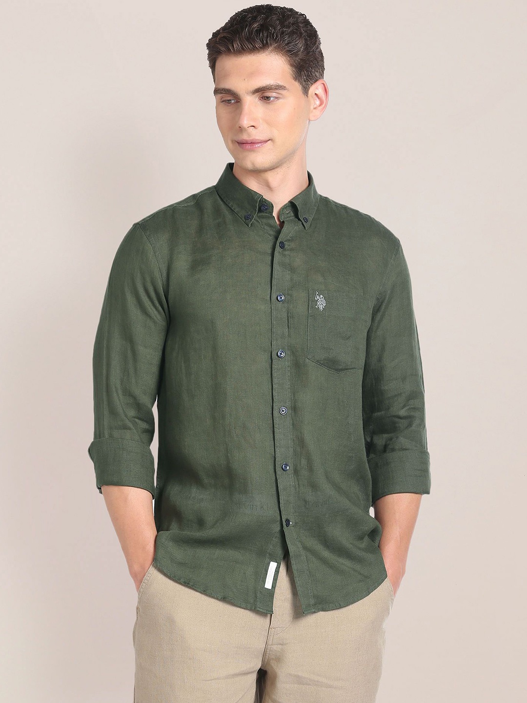 

U.S. Polo Assn. Men Classic Fit Button-Down Collar Solid Linen Casual Shirt, Green
