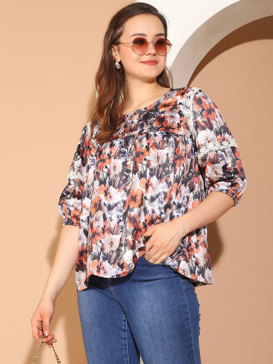 

JAINISH Women Floral Printed Tie-Up Neck Satin Top, Brown