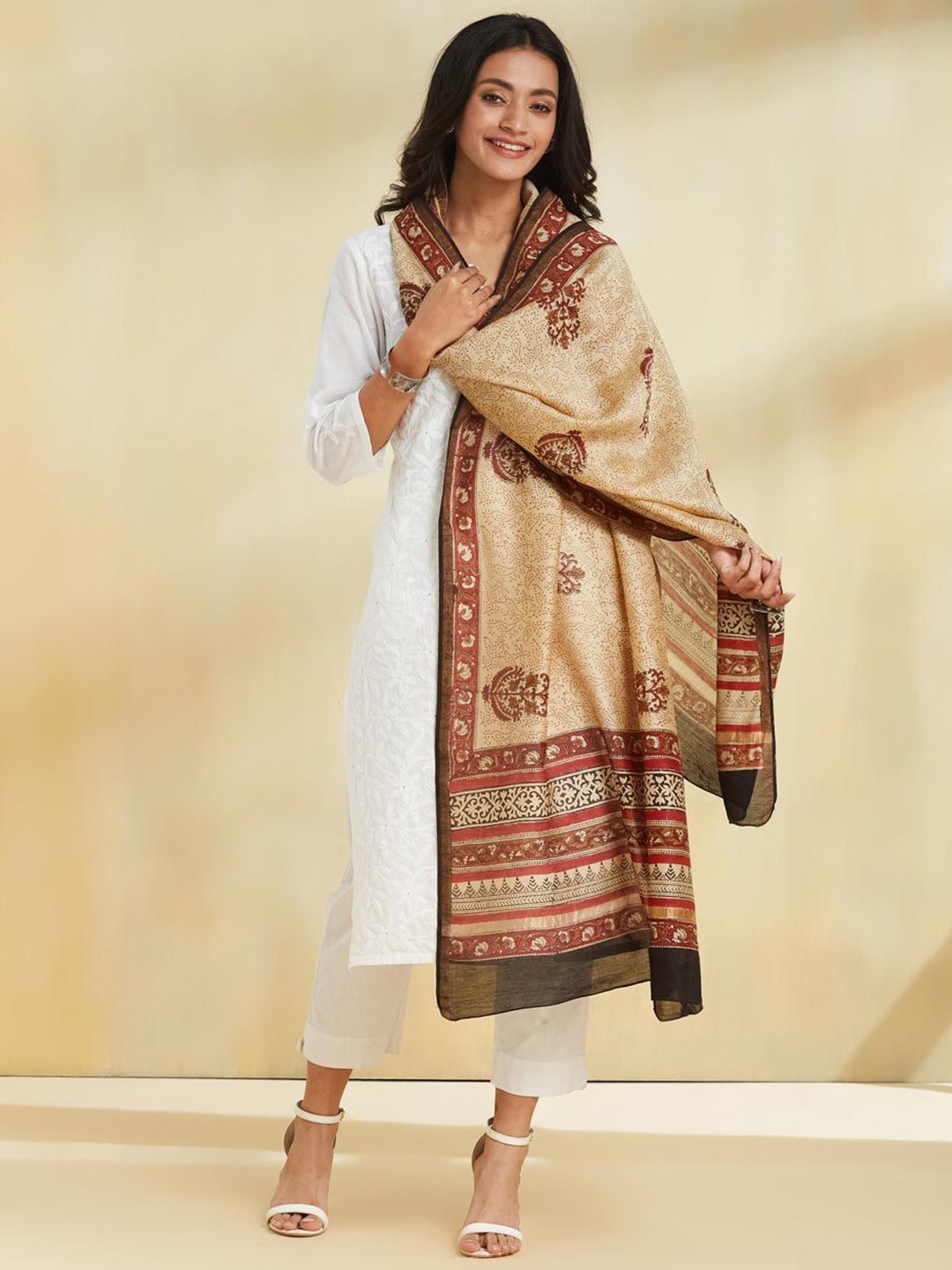 

Fabindia Floral Printed Cotton Silk Dupatta, Beige