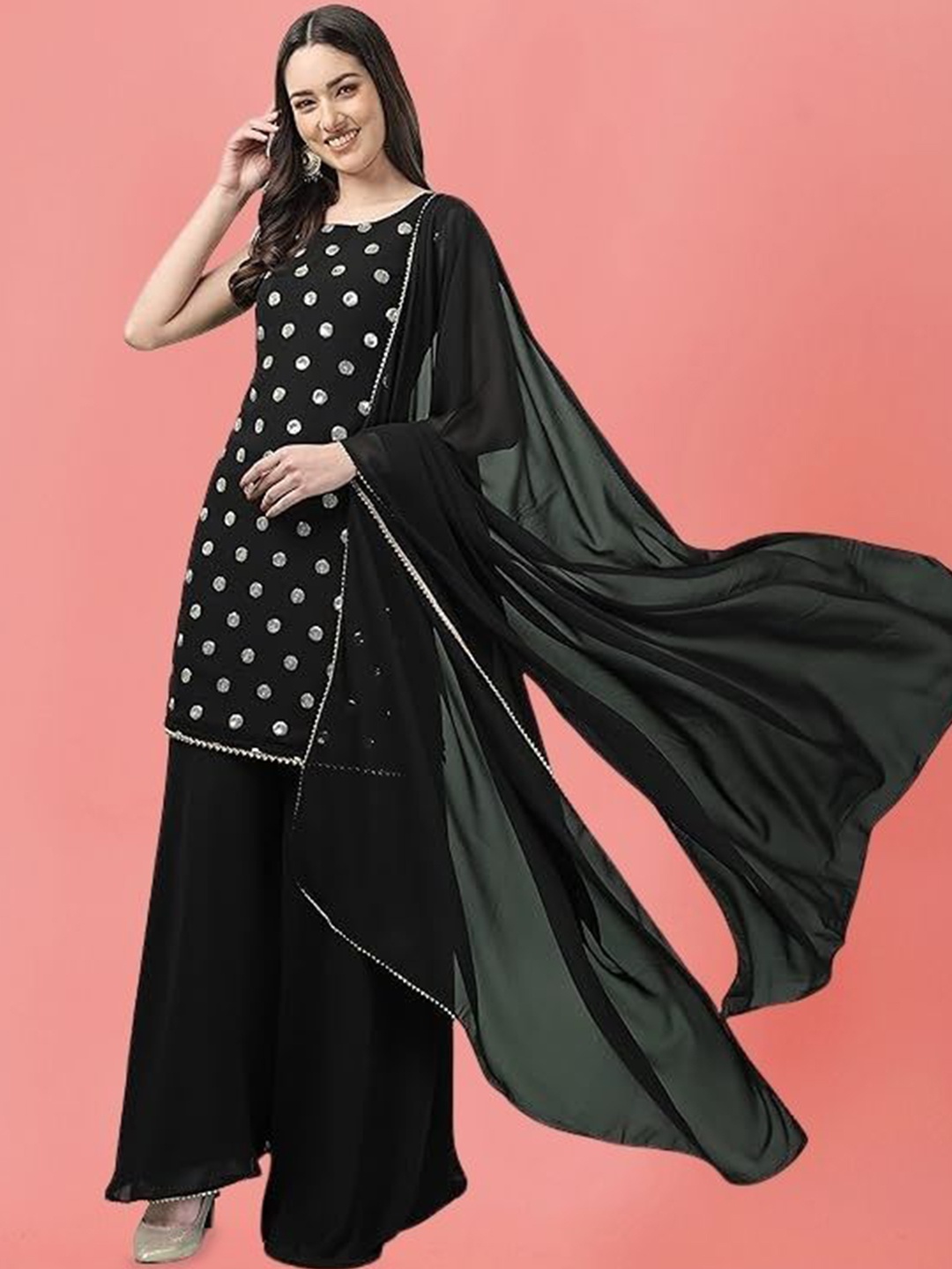 

PARROT CREATION Geometric Embroidered Sequinned Georgette Kurti with Sharara And Dupatta, Black