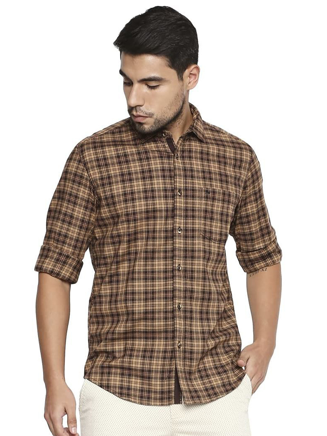 

Basics Men Relaxed Fit Spread Collar Checked Cotton Casual Shirt, Brown