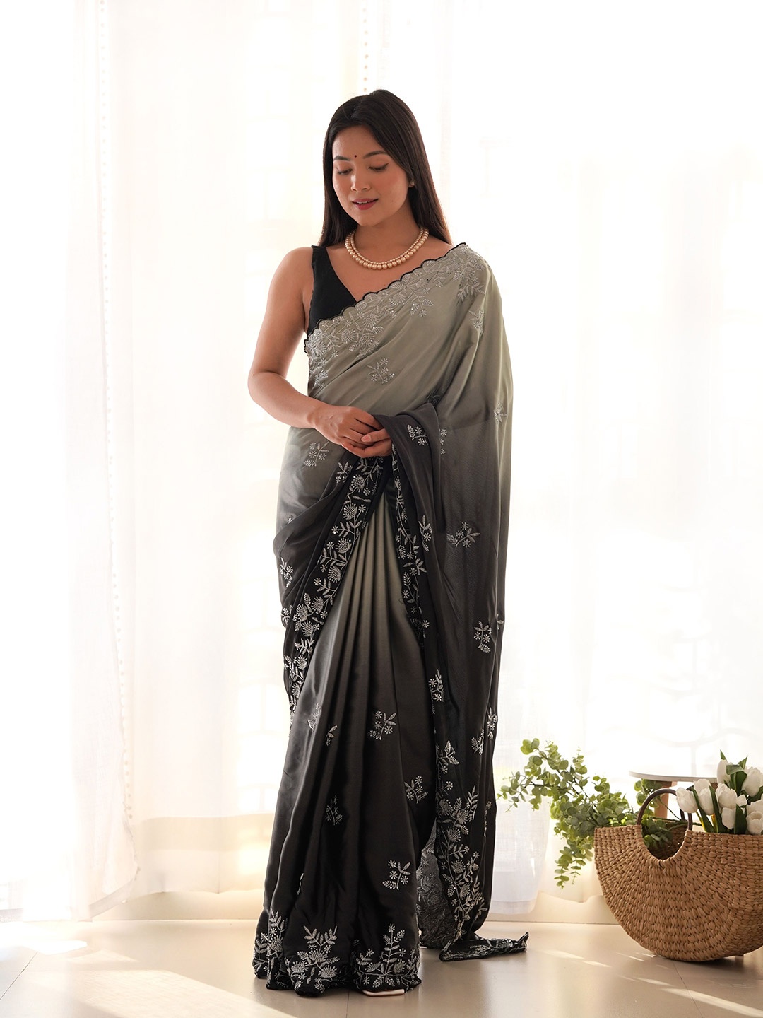 

Vintro Floral Embroidered Satin Saree, Black