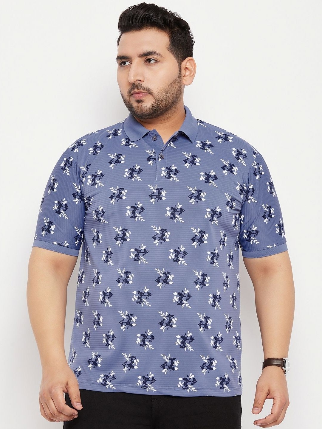 

NYKER Men Plus Size Floral Printed Polo Collar Cotton T-shirt, Blue