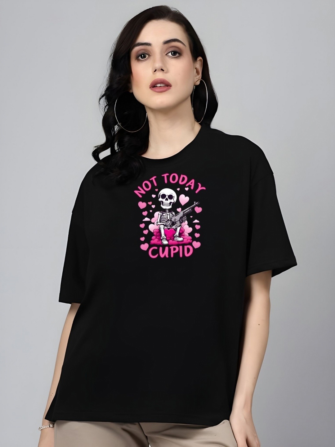 

DressBerry Women Graphic Printed Round Neck Cotton Oversized T-shirt, Black