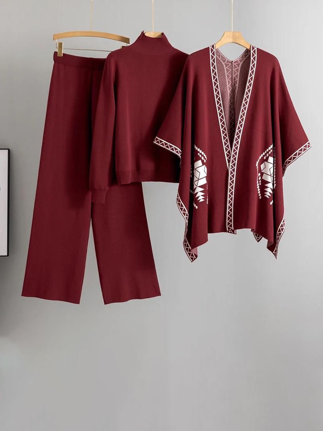 

Alamode By Akanksha Maroon Nelya Luxe Winter Top & Trouser with Shrug Coord Set