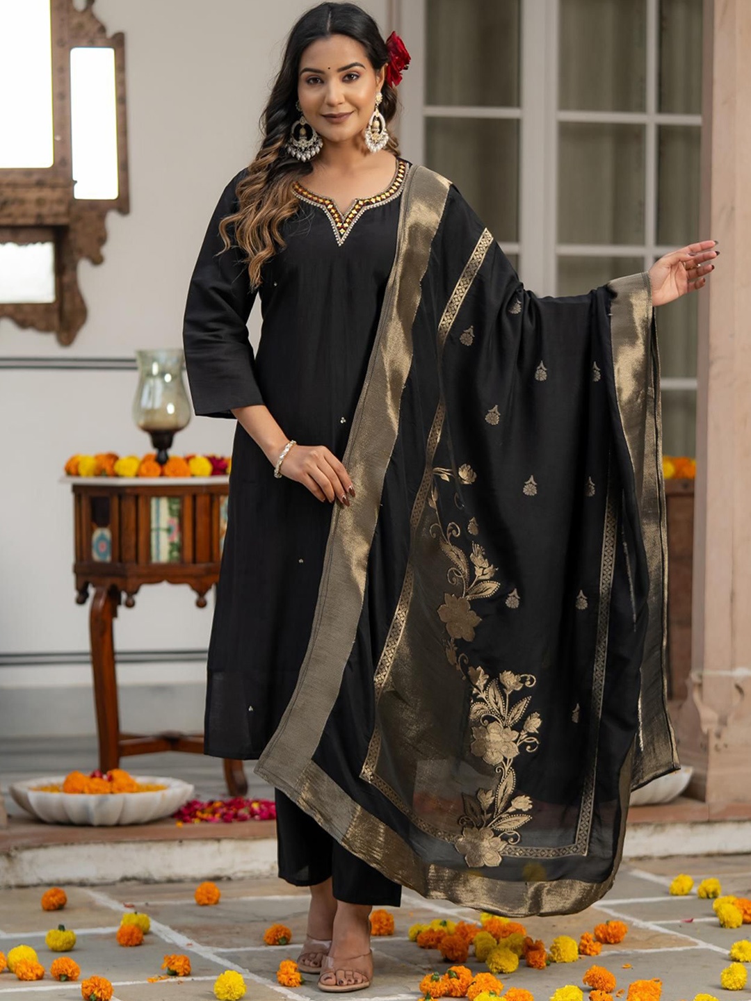 

Moda Rapido Black Notch-Neck Mirror Work Raw Silk Straight Kurta With Trousers And Dupatta