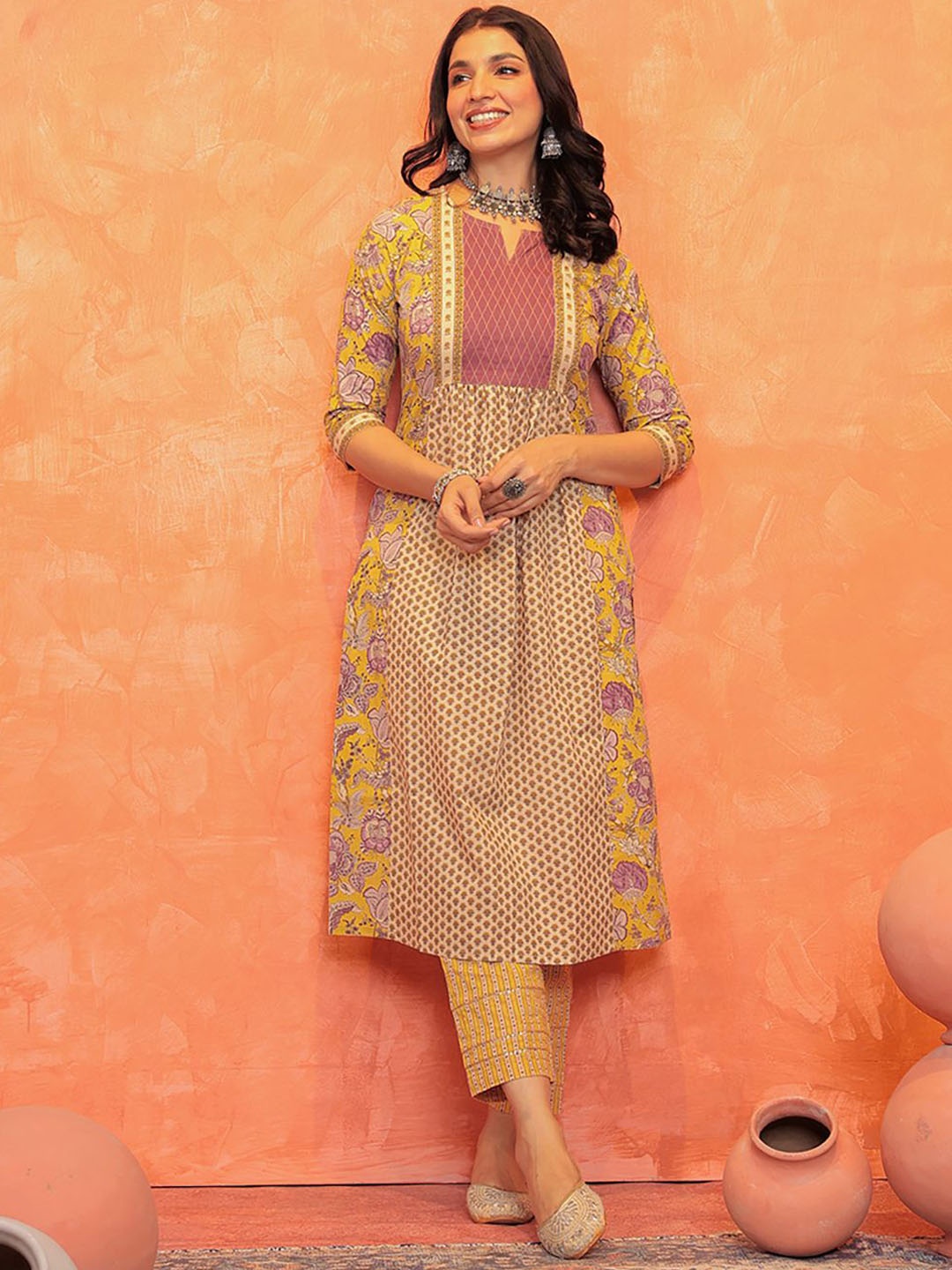 

GULAB CHAND TRENDS Floral Printed Notch Neck Pleated Pure Cotton A-Line Kurta With Trouser, Yellow