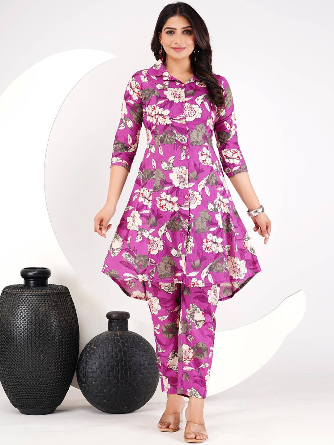 

Moda Rapido Purple Floral Printed Shirt Collar Raw Silk Tunic With Trousers