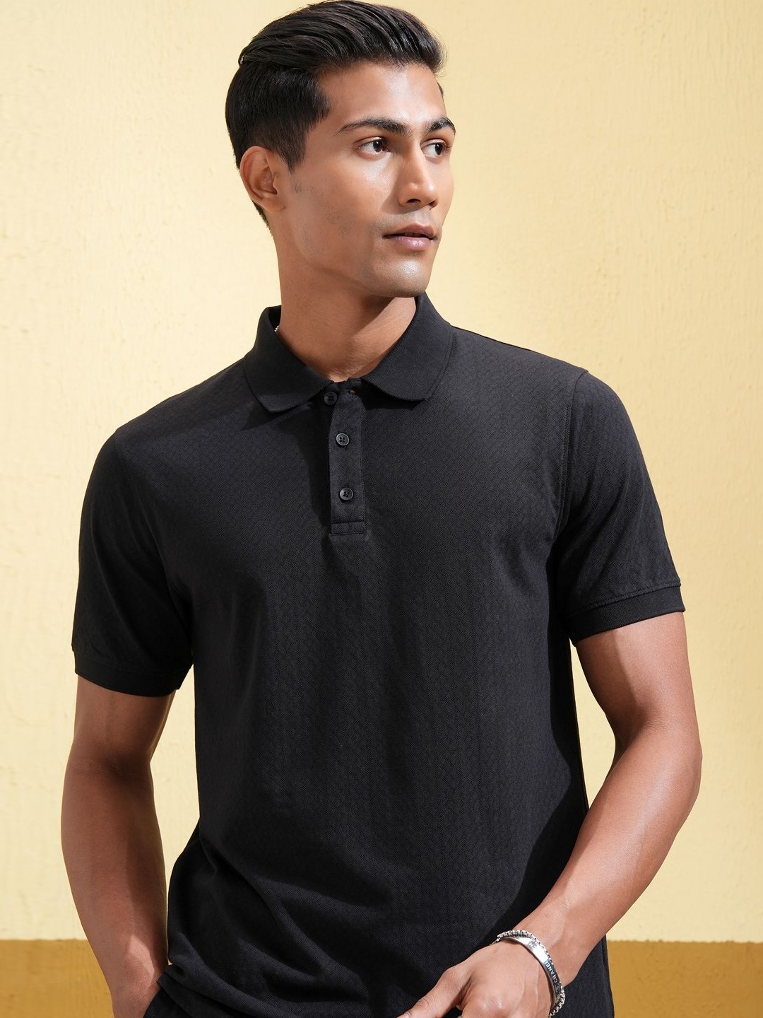 

Locomotive Premium Men Textured Button Placket Polo Collar Slim Fit T-Shirt, Black