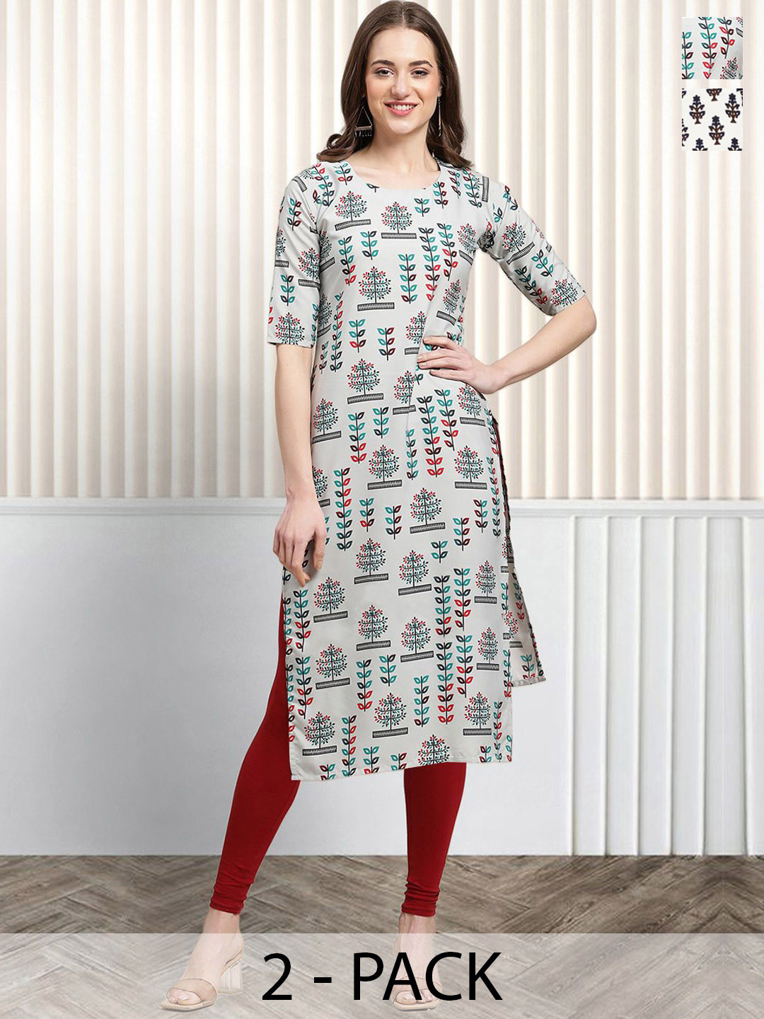 

Moda Rapido Set of 2 Ethnic Printed Round Neck Straight Kurtas, Grey