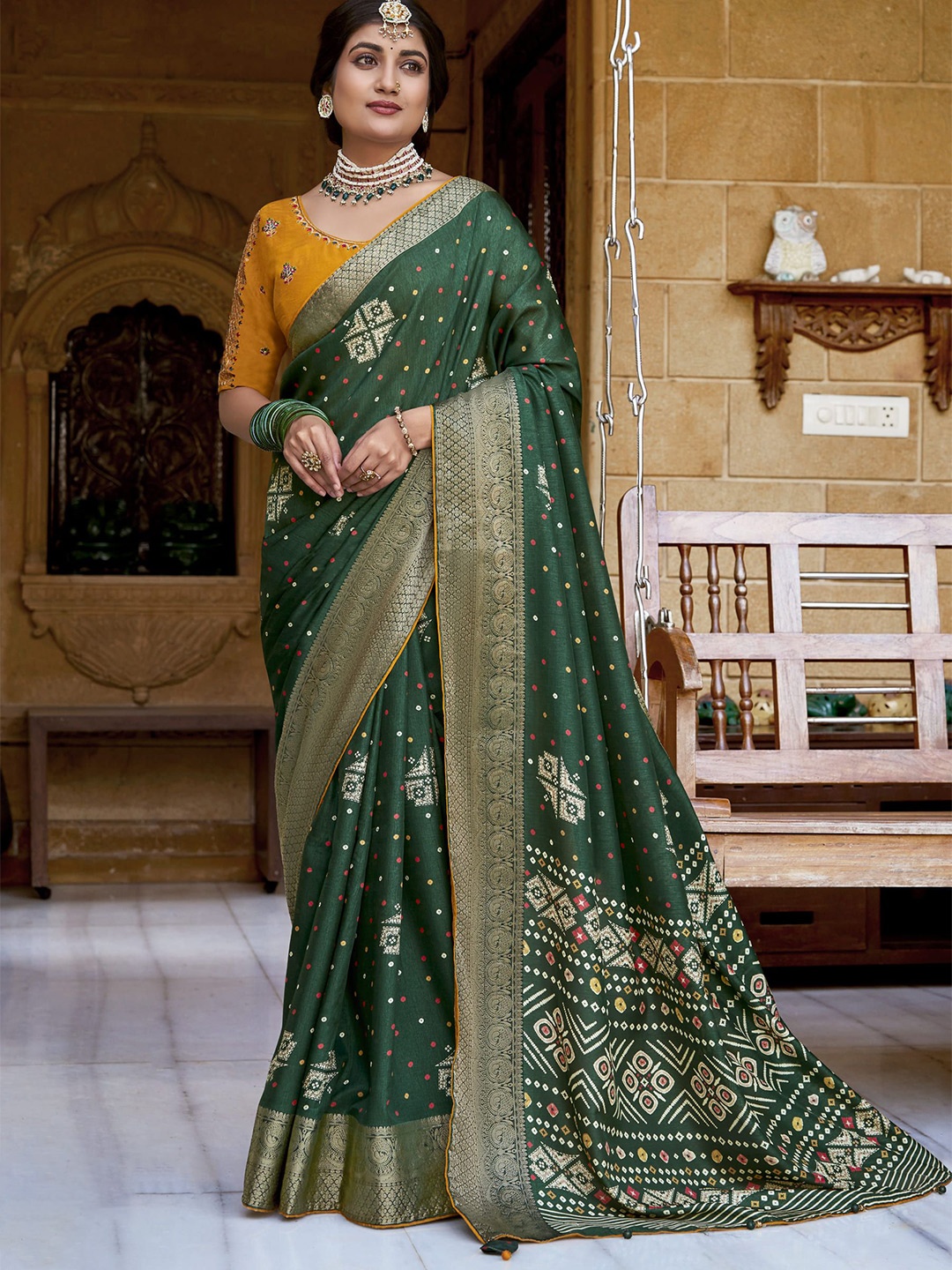 

NIRMAL CREATION Bandhani Zari Pure Georgette Saree, Green