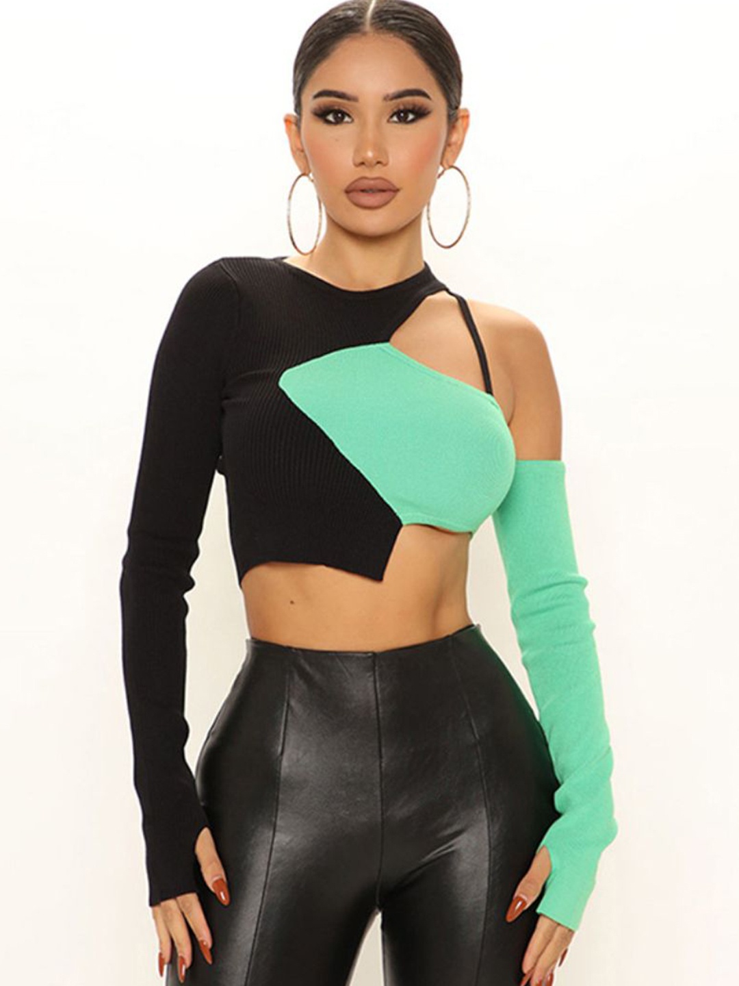 

StyleCast Colourblocked Extended Sleeves Crop Top, Green