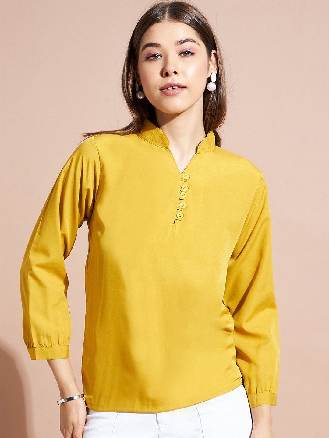 

DressBerry Women Solid Mandarin Collar Top, Mustard