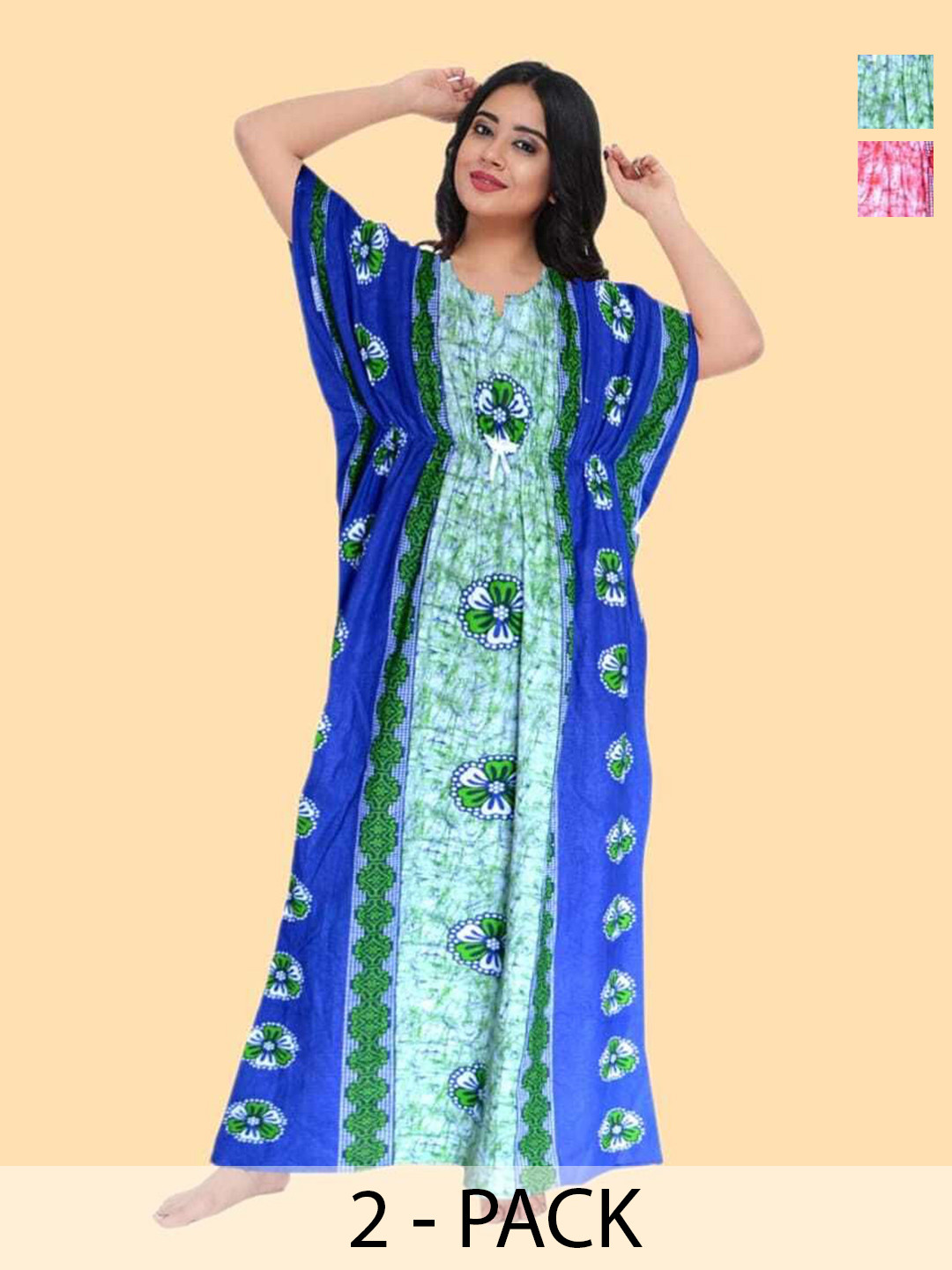 

PR PINK ROYAL Women Pack Of 2 Printed Pure Cotton Maxi Kaftan Nightdress, Red