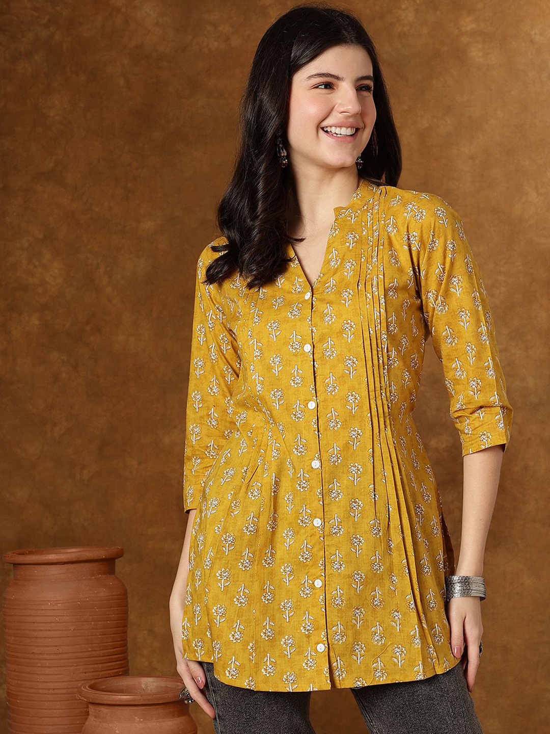 

JANAKDULARI CREATION Women Floral Print Cotton Shirt Style Top, Mustard