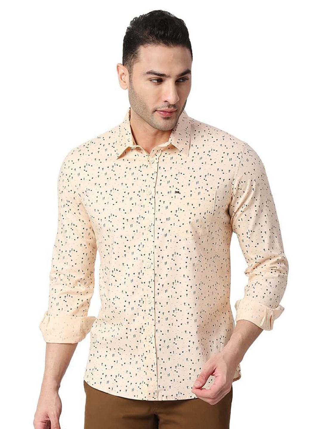 

Basics Men Relaxed Fit Spread Collar Floral Printed Cotton Casual Shirt, Orange