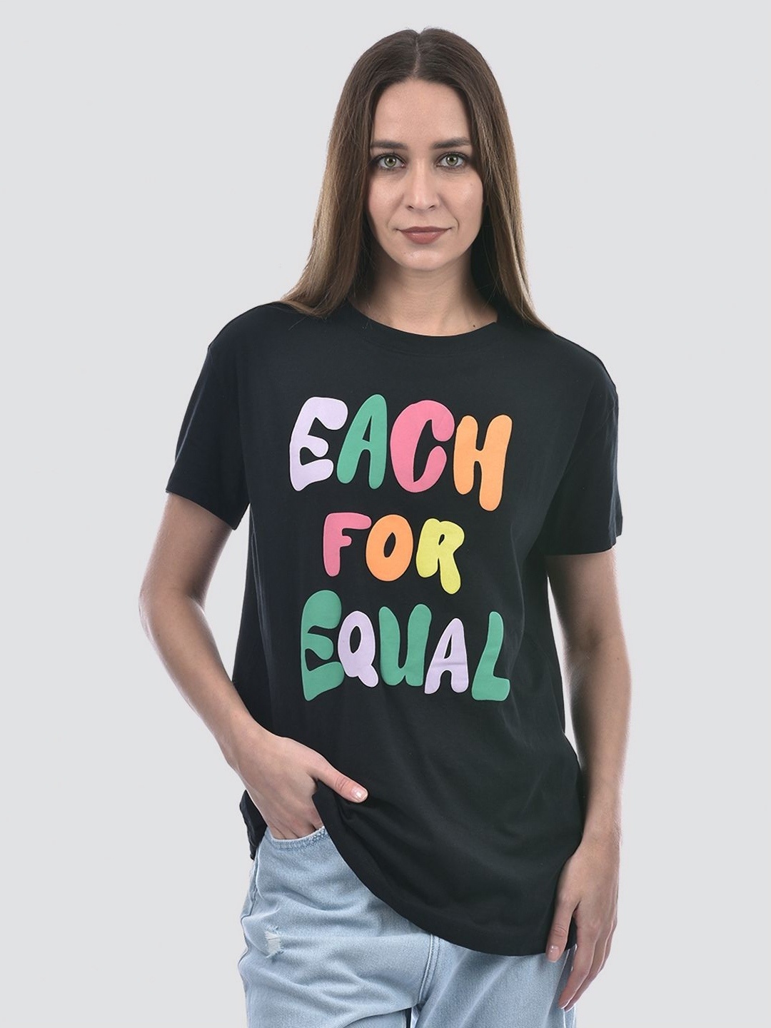 

ONLY Women Typography Printed Round Neck Cotton Oversized T-shirt, Charcoal