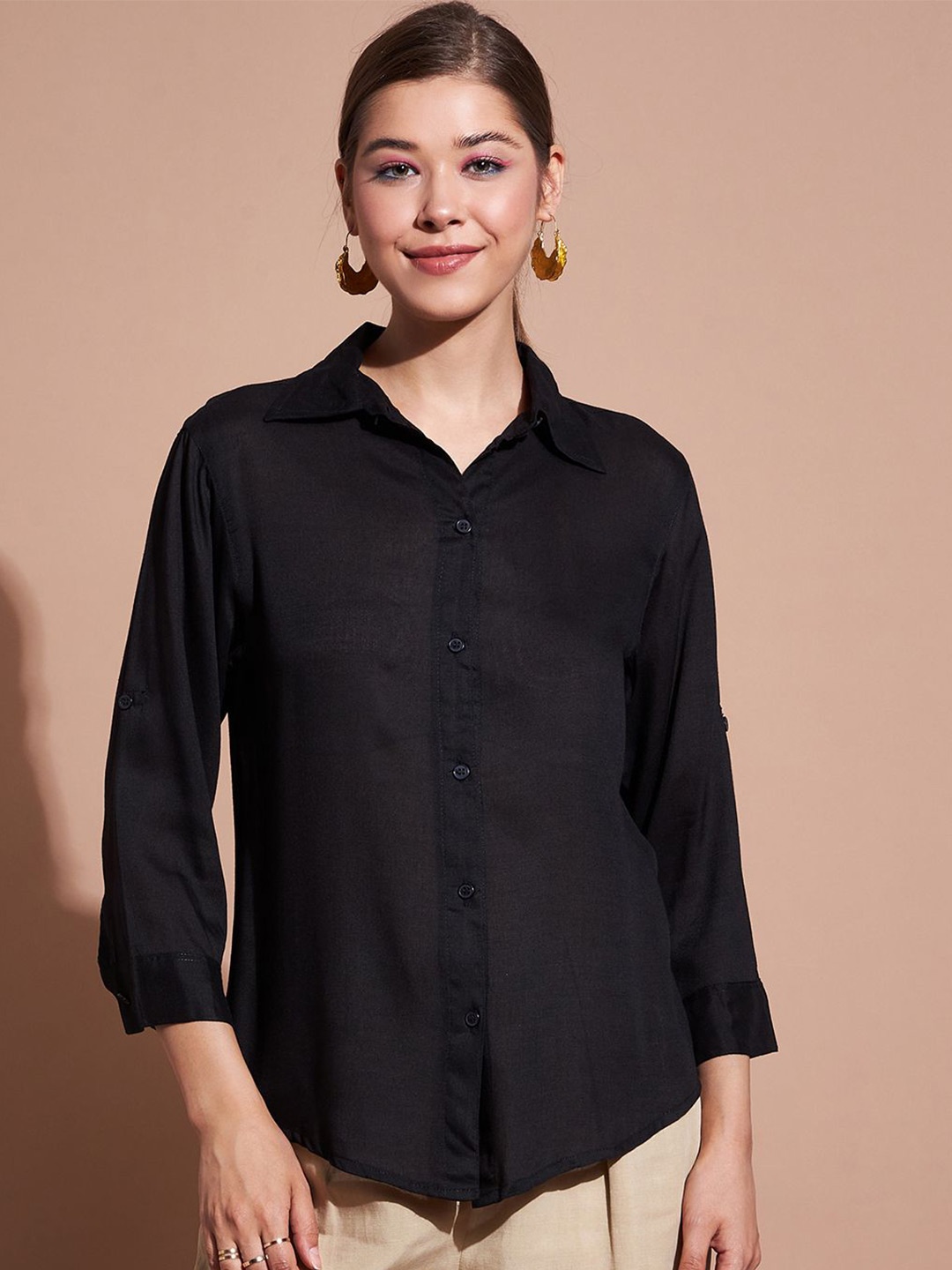 

DressBerry Women Slim Fit Spread Collar Solid Cotton Casual Shirt, Black