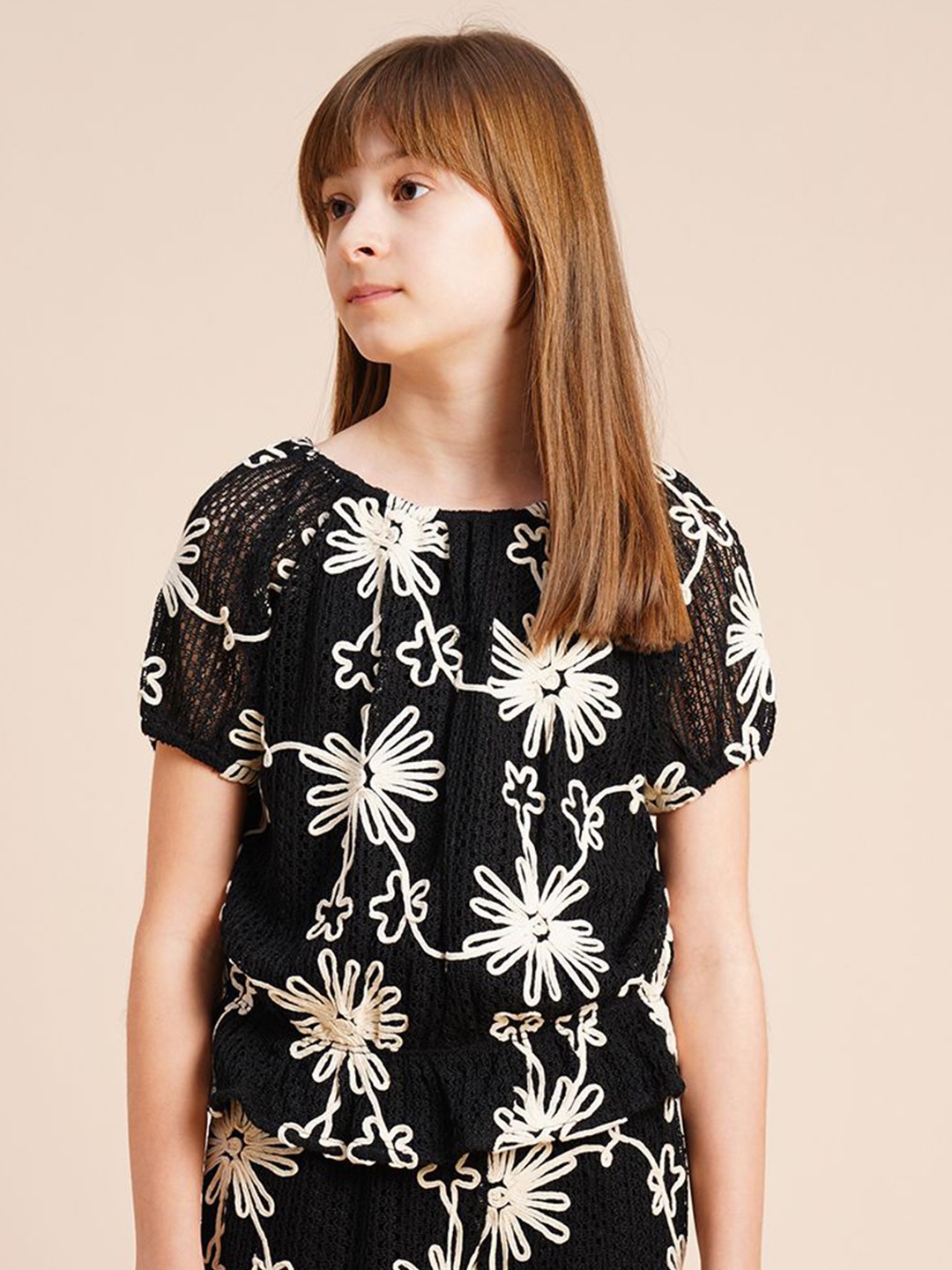 

Vero Moda Girls Puff Sleeve Pure Cotton Top, Black