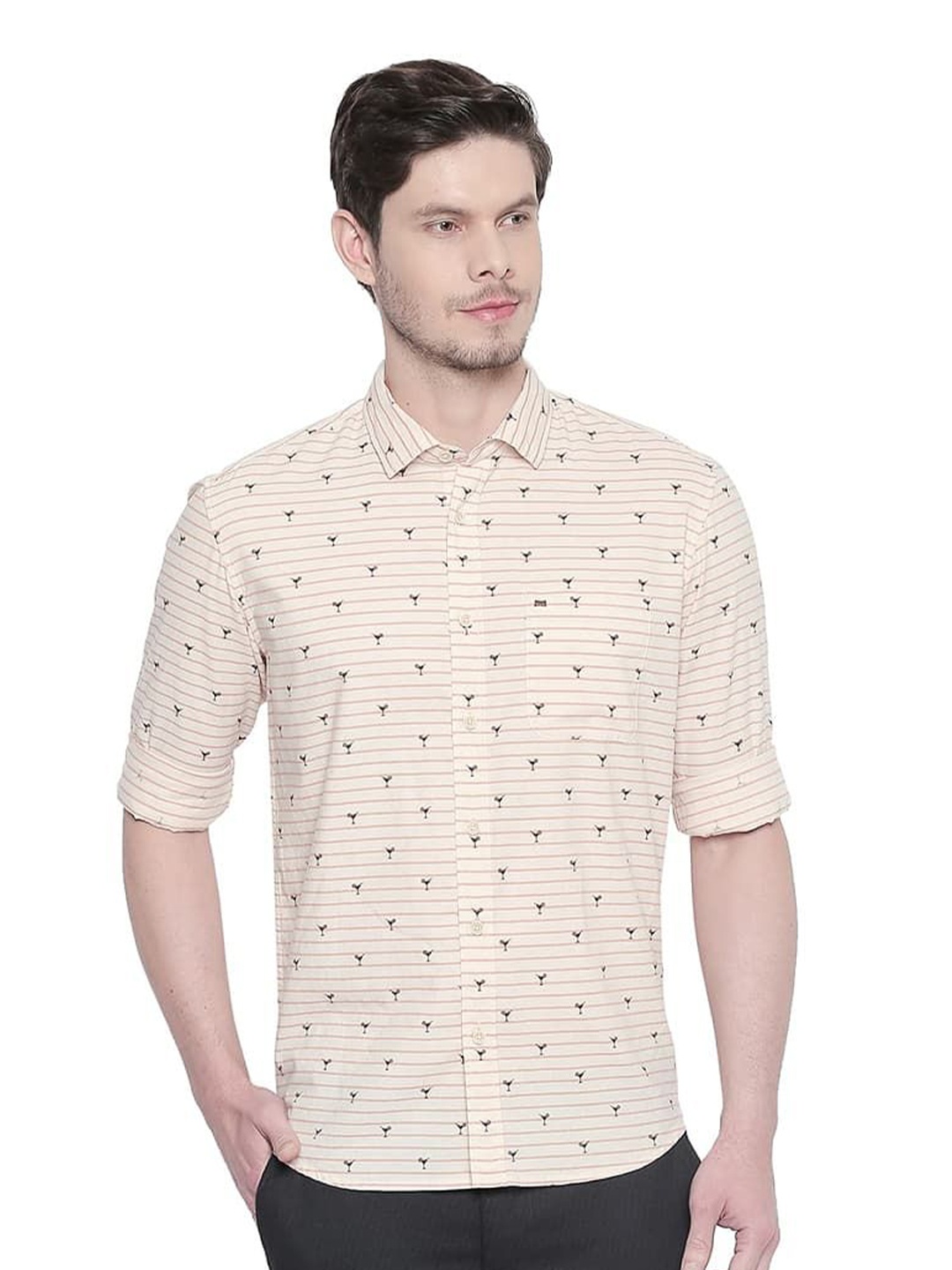 

Basics Men Relaxed Fit Spread Collar Horizontal Striped Cotton Casual Shirt, Orange