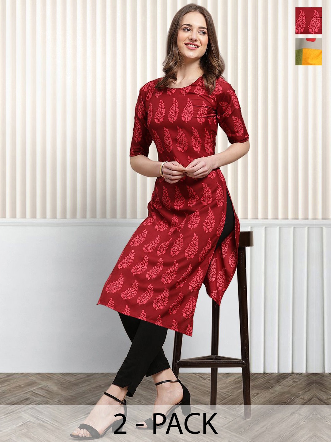 

Moda Rapido Pack of 2 Printed Round Neck Straight Kurtas, Red