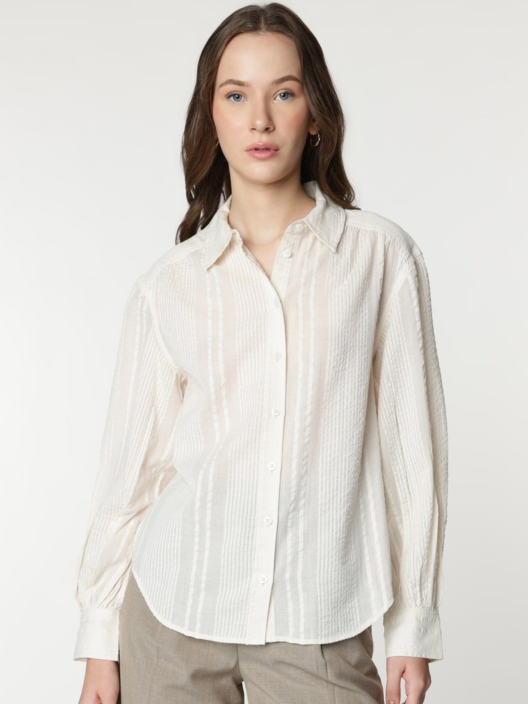 

Marks & Spencer Women Spread Collar Textured Cotton Casual Shirt, Beige