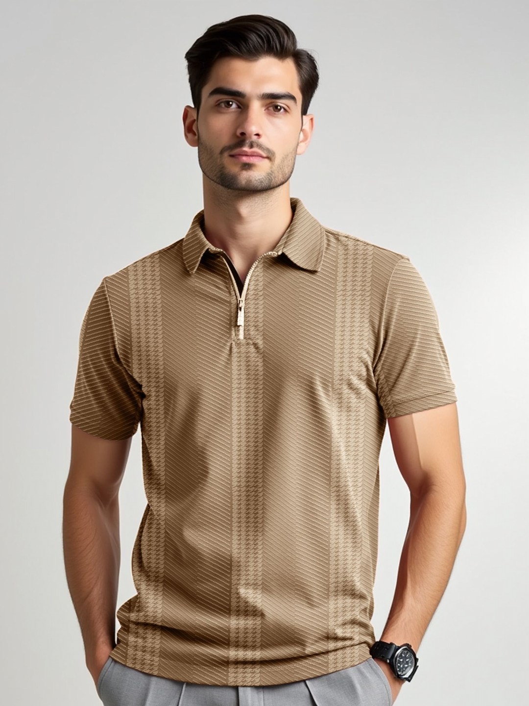 

JUMPCUTS Men Polo Collar Slim Fit T-shirt, Beige