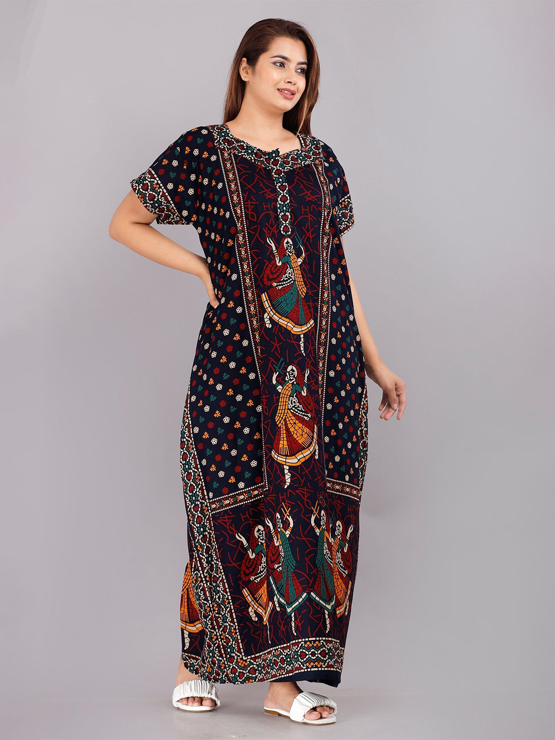 

PR PINK ROYAL Women Pure Cotton Printed Maxi Nightdress, Blue