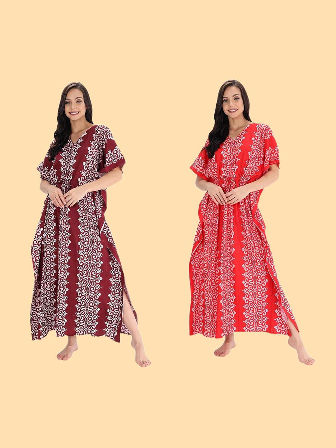 

PR PINK ROYAL Women Pack Of 2 Pure Cotton Ethnic Motifs Printed Maxi Kaftan Nightdress