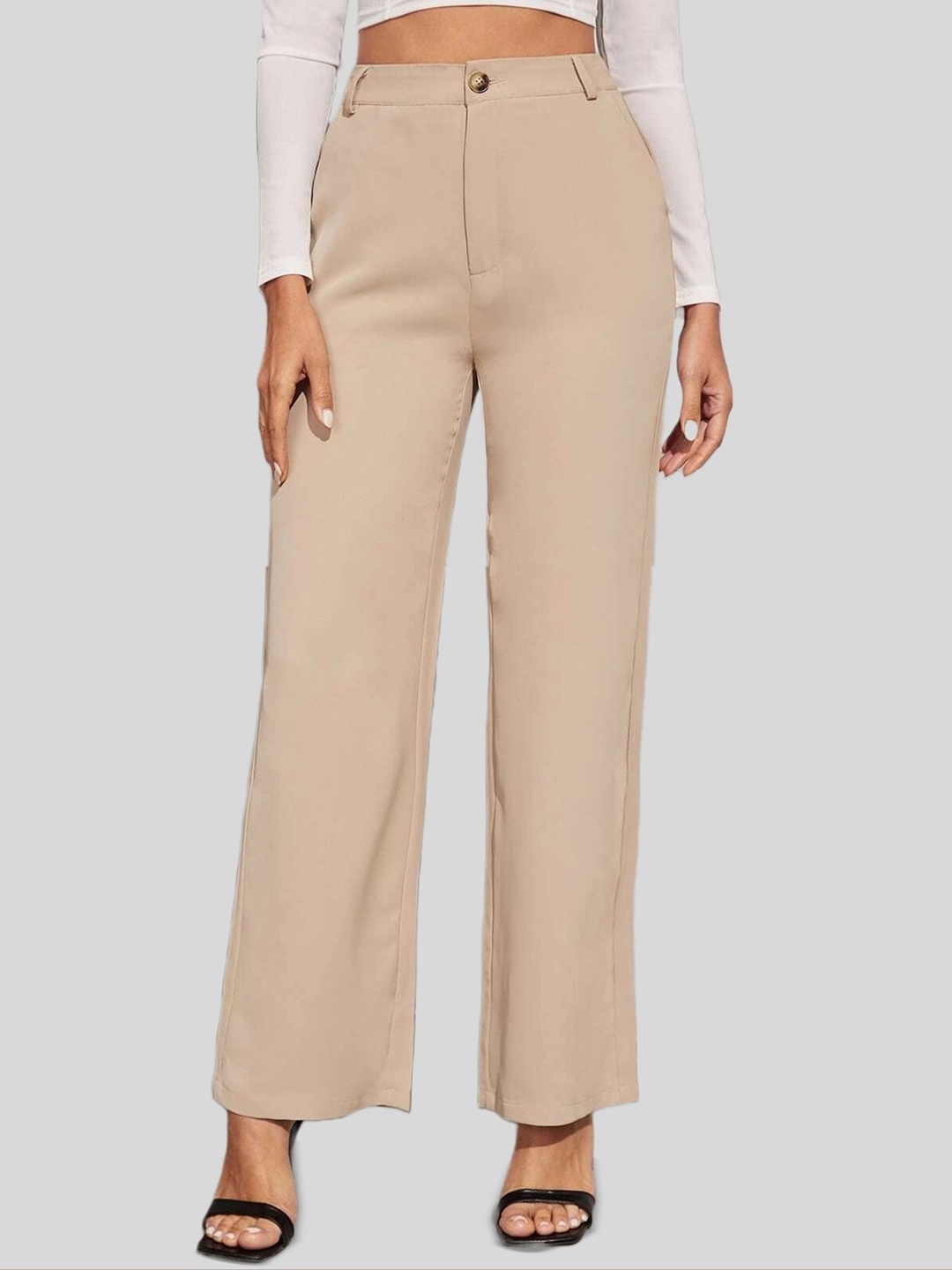 

FNOCKS Women Relaxed Flared High-Rise Parallel Trousers, Beige