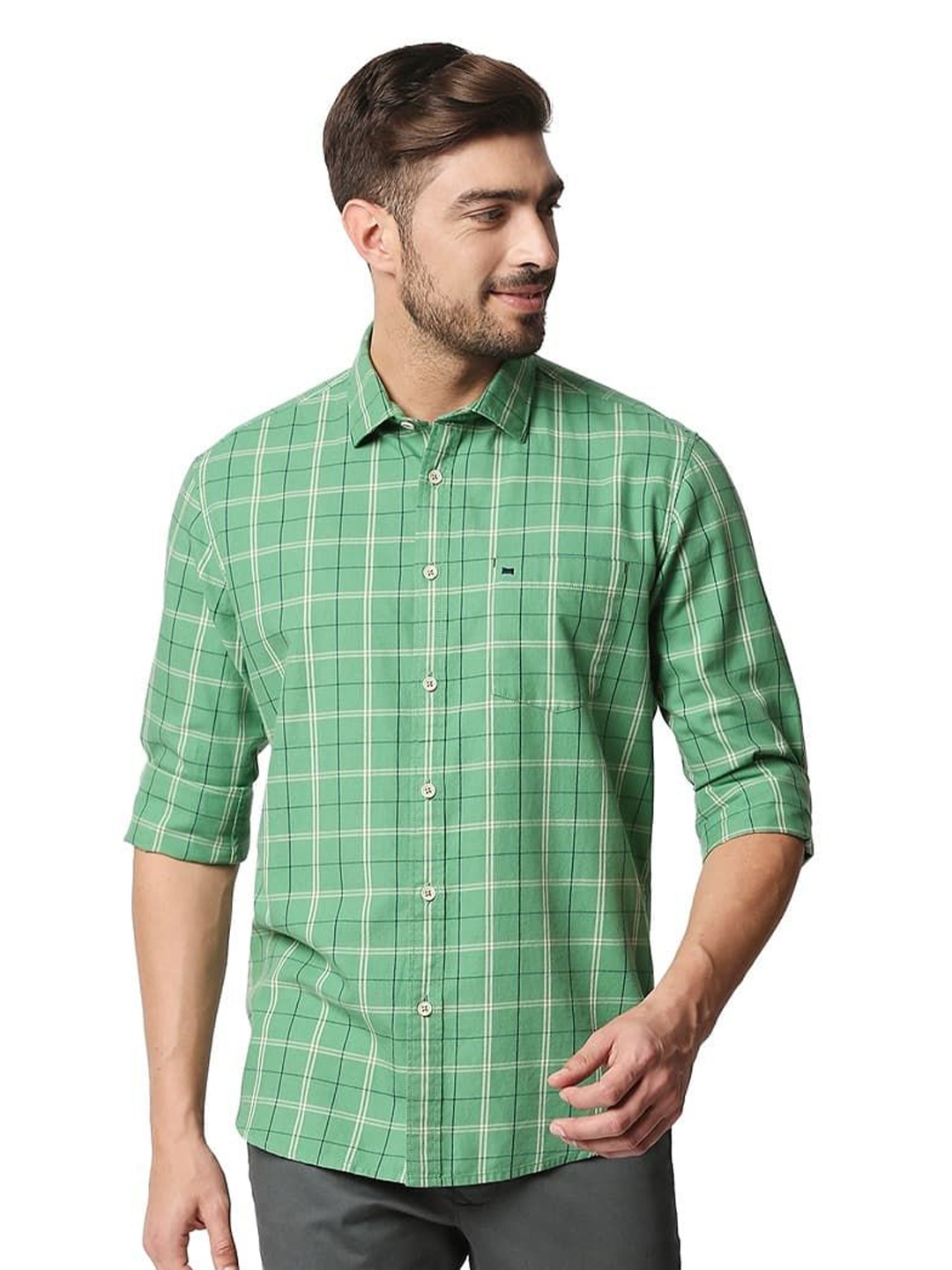 

Basics Men Relaxed Fit Spread Collar Tartan Checked Cotton Casual Shirt, Green