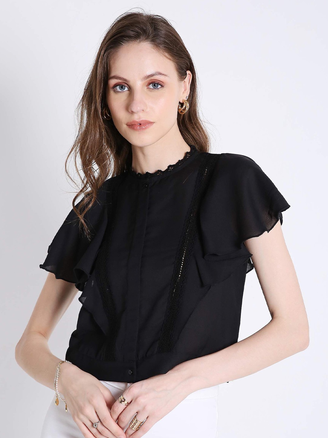 

French Theory Women Flutter Sleeve Crop Top, Black
