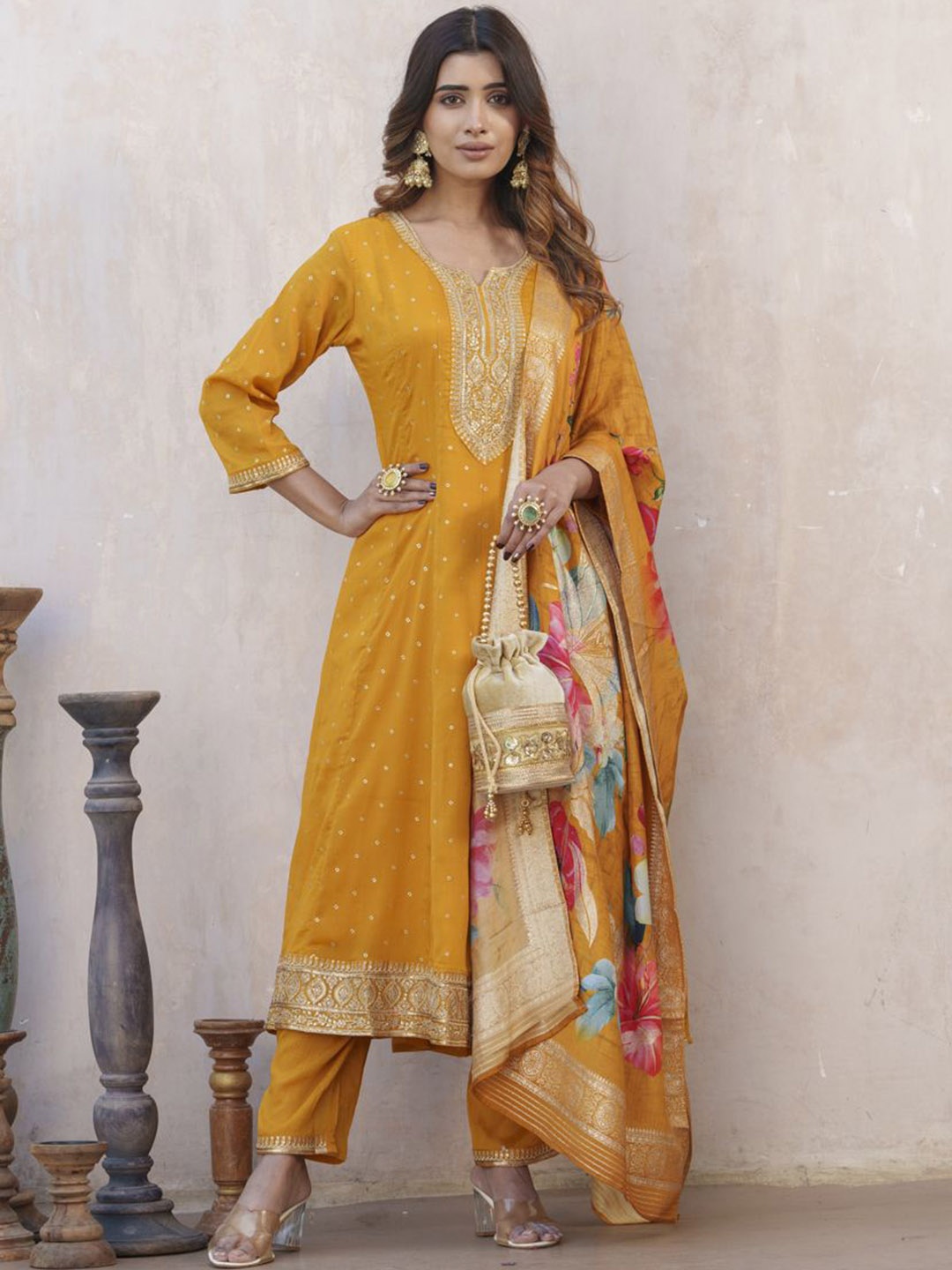 

Sangria Yellow Floral Embroidered Panelled Sequinned A-Line Kurta With Trousers & Dupatta