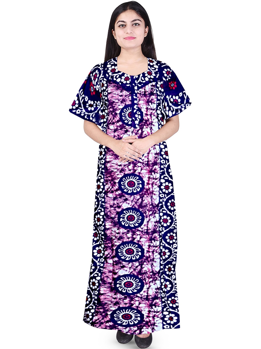 

PR PINK ROYAL Women Floral Printed Pure Cotton Maxi Nightdress, Purple