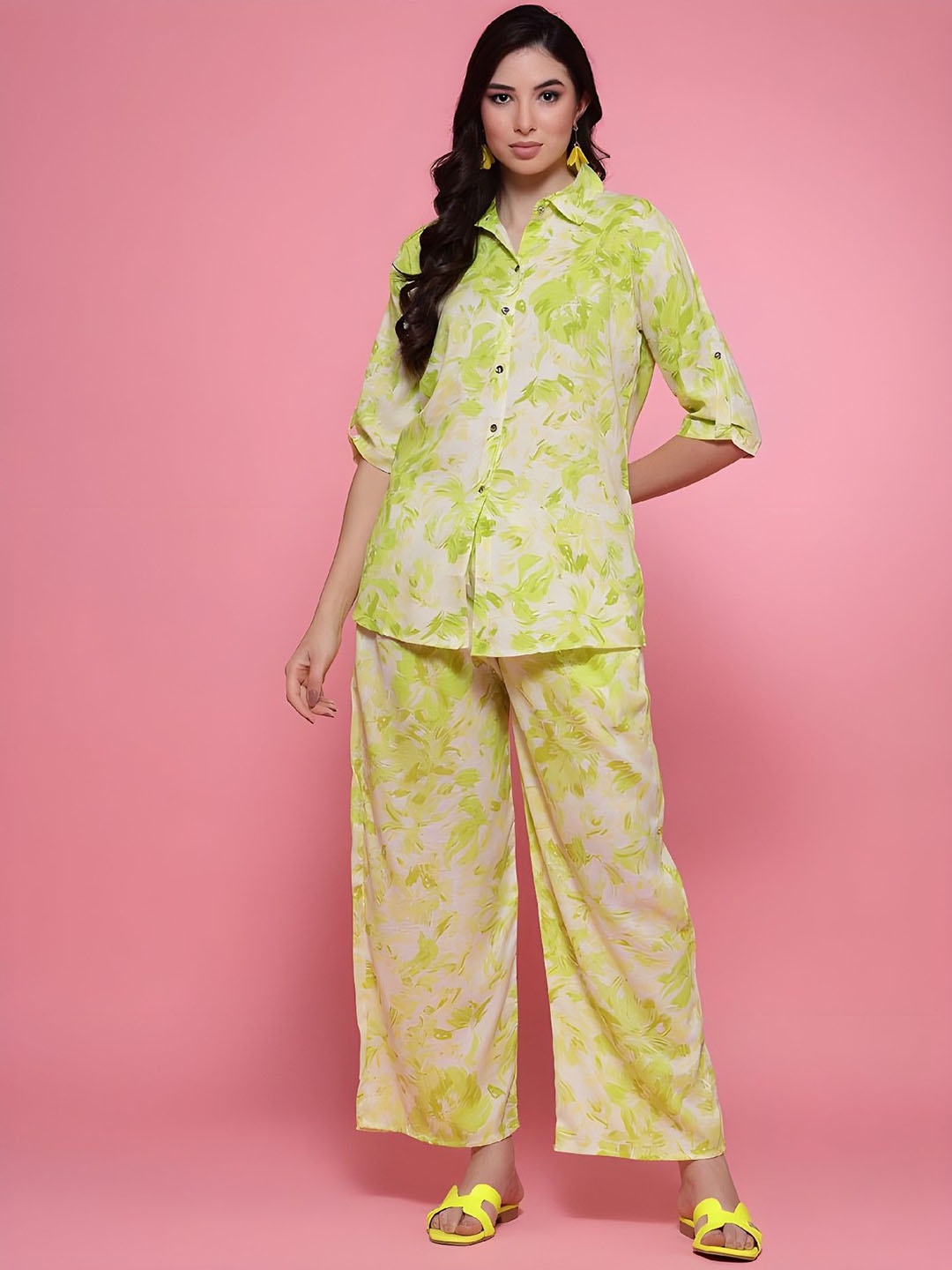 

Acriine Floral Printed Shirt Collar Pure Cotton Shirt With Palazzo, White