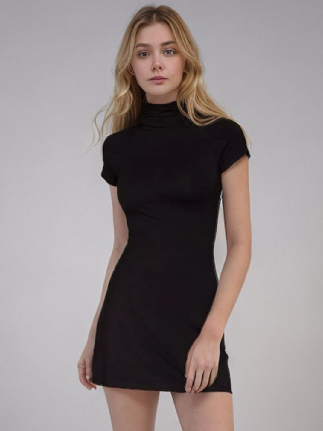 

StyleCast Women Solid High Neck Short Sleeves Above Knee A-Line Dress, Black